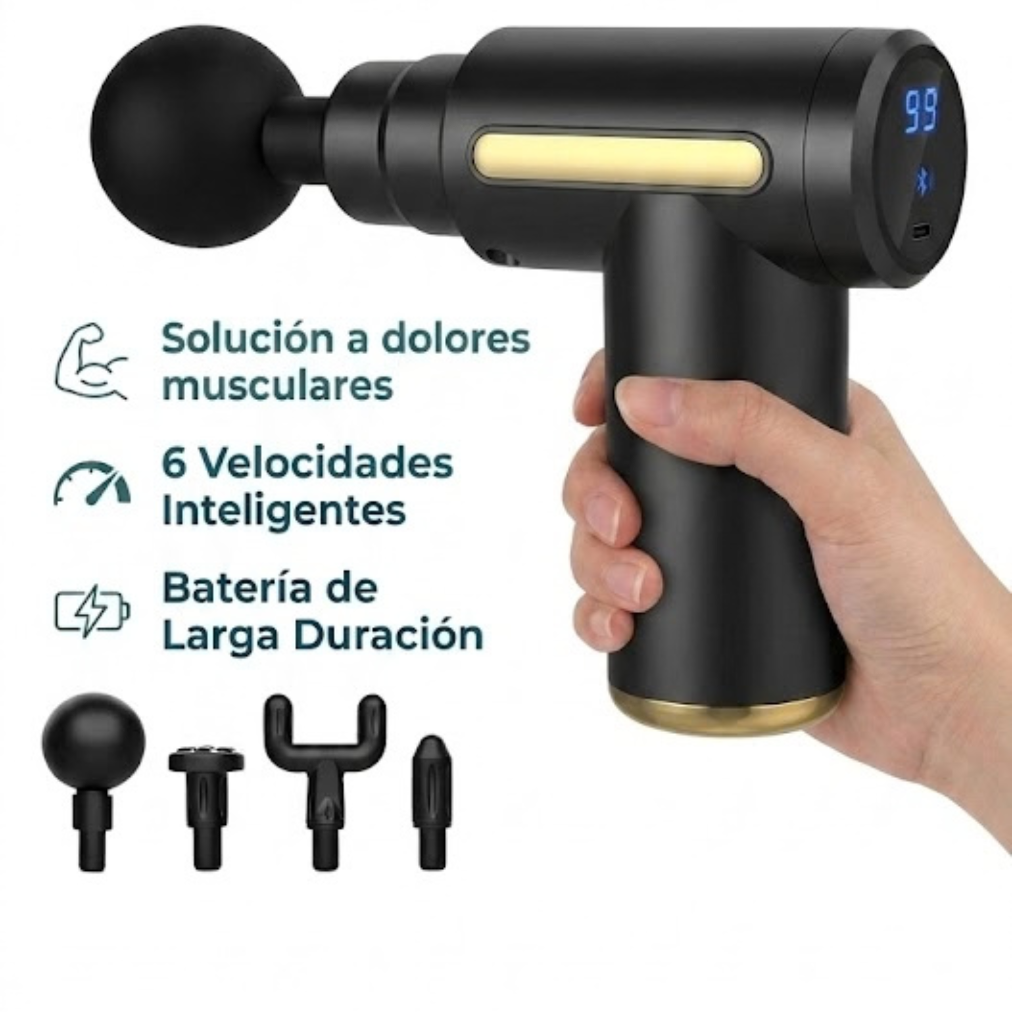 Pistola de masaje Kineo — Pack completo (4 cabezales / 6 velocidades)"