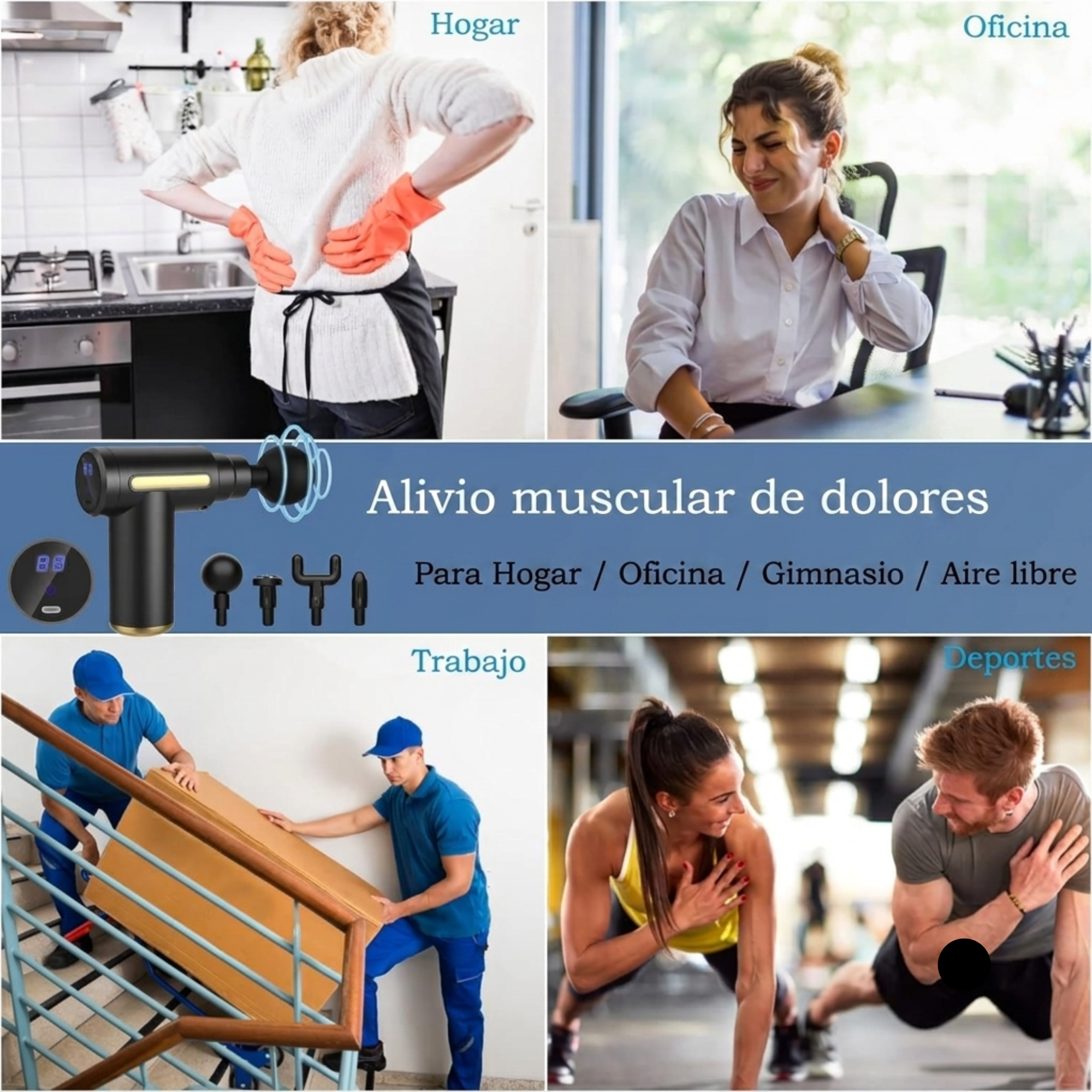 Pistola de masaje Kineo — Pack completo (4 cabezales / 6 velocidades)"