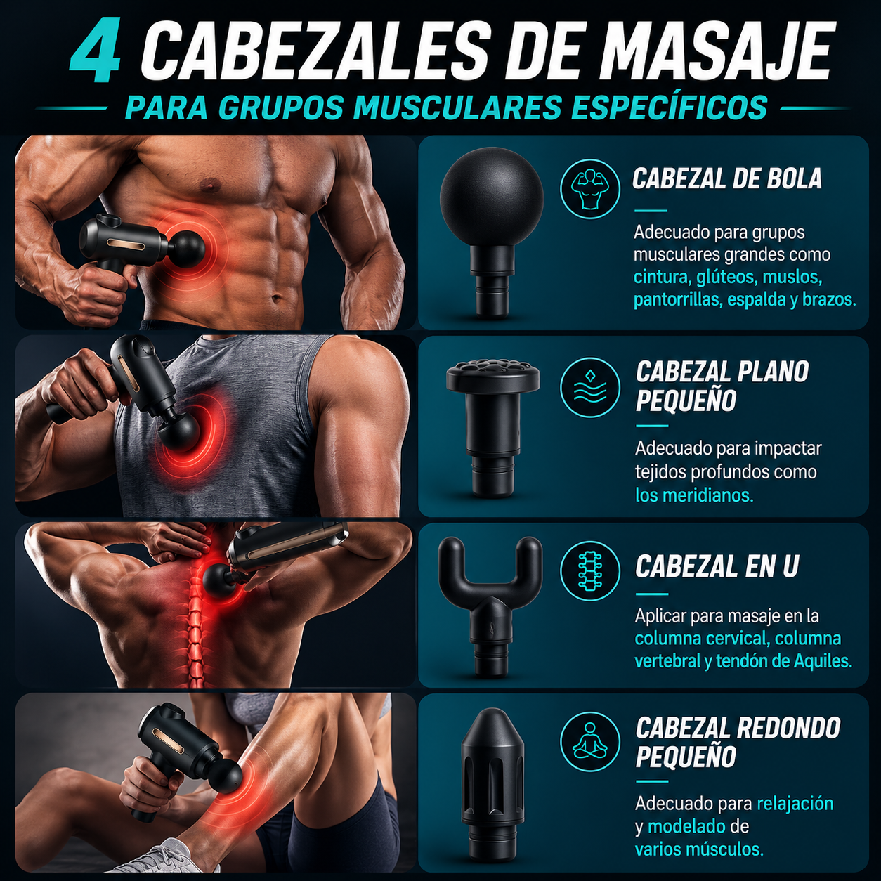 Pistola de masaje Kineo — Pack completo (4 cabezales / 6 velocidades)"